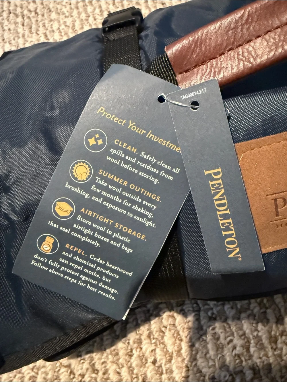 Pendleton Navy Duffel-Style Roll-Up Picnic Blanket Carrier with Plaid Trim